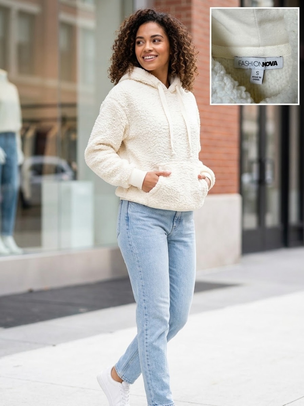 Fashion Nova Cream Sherpa Hoodie Bomber Jacket